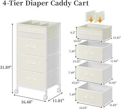 4-Tier Baby Diaper Caddy Organizer Cart with 3 Storage Drawers, Rolling Cart with Dividers & Side Pockets for Nursery, Baby Essentials, Toys, Wipes & Creams, Portable Baby Storage Cart & Station