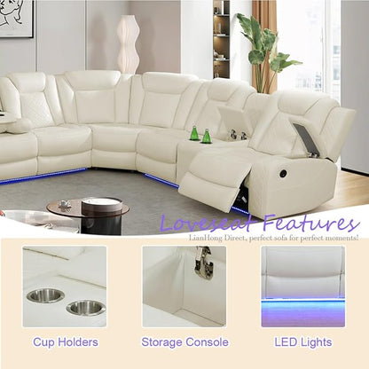 Power Recliner Sectional Sofa with LED for Living Room, Power Sectional Sofa with Chair Vanilla White, Reclining Corner Couch Set with Read Lights, USB Charging, Cup Holders for Home/Office