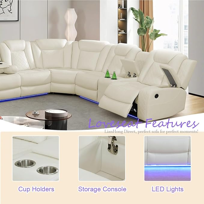 Leather Power Recliner Sofa, Power Sectional Sofa Couch Set for Living Room, Reclining Corner Sectional Sofa Set with LED, Read Lights, USB, Cup Holders, Storage for Home/Office,Vanilla White