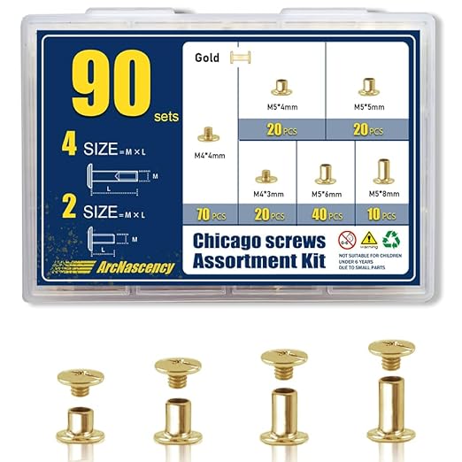 90 Sets Gold Chicago Screws Leather Rivets Kit, 4 Sizes (M5*4,5,6,8) & 2 Screw Lengths (M4*3,4) for Belts, Bookbinding, DIY Leather (Gold)