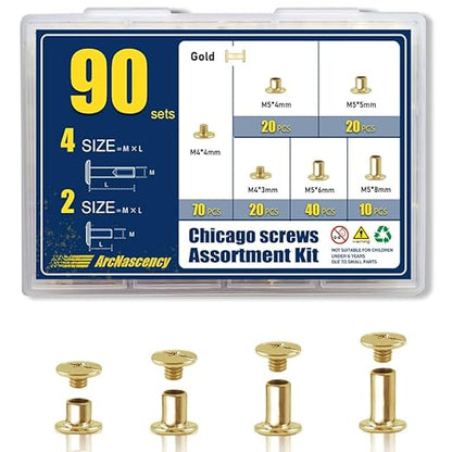 90 Sets Gold Chicago Screws Leather Rivets Kit, 4 Sizes (M5*4,5,6,8) & 2 Screw Lengths (M4*3,4) for Belts, Bookbinding, DIY Leather (Gold)