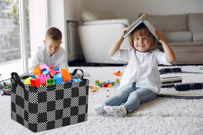 Essme Rectangular Boys Basket,Kids Storage Basket with Handles for Room Decor,Car Storage Bin（Black grid）