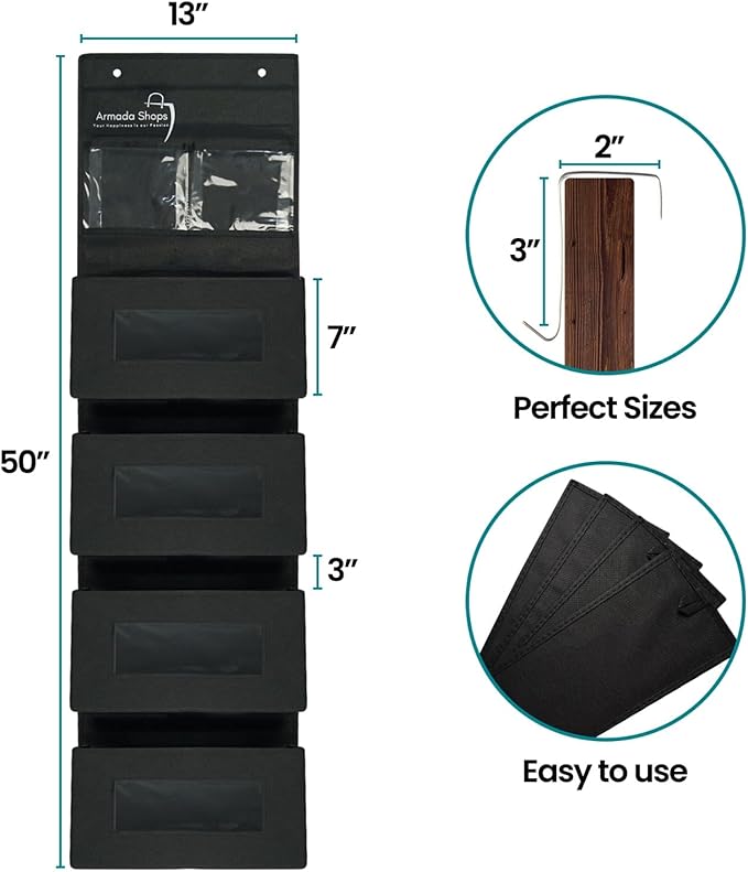 4 Tires Over The Door Organizer- Hanging Shelves with 2 Large Capacity Pockets-Storage Organizer For Kitchen, Baby Organizer Toys Nursery, Bathroom, Bedroom Hanging Closet Organizer-Black