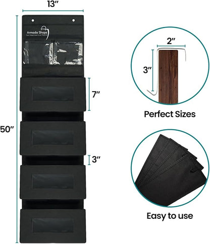 4 Tires Over The Door Organizer- Hanging Shelves with 2 Large Capacity Pockets-Storage Organizer For Kitchen, Baby Organizer Toys Nursery, Bathroom, Bedroom Hanging Closet Organizer-Black