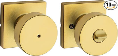 Kwikset Pismo Interior Privacy Door Knob with Lock, Door Handle for Bathroom and Bedroom, Satin Brass, Square, Keyless Turn Lock Doorknob, Microban Protection (Pack of 10)
