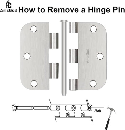 Door Hinges Brushed Nickel - 6 Pack Satin Nickel 3.5 Inch Rounded Interior Door Hinges with 5/8" Radius - 3 1/2 Inches Silver Residential Standard Door Hardware