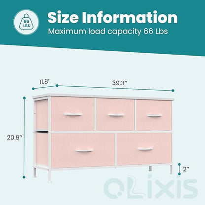 OLIXIS Dresser for Bedroom with 5 Drawers, Wide Chest of Drawers, Fabric Bedroom Dresser with Drawer Organizer, Storage Organizer Unit with Fabric Bins for Closet, Living Room, Hallway, Pink