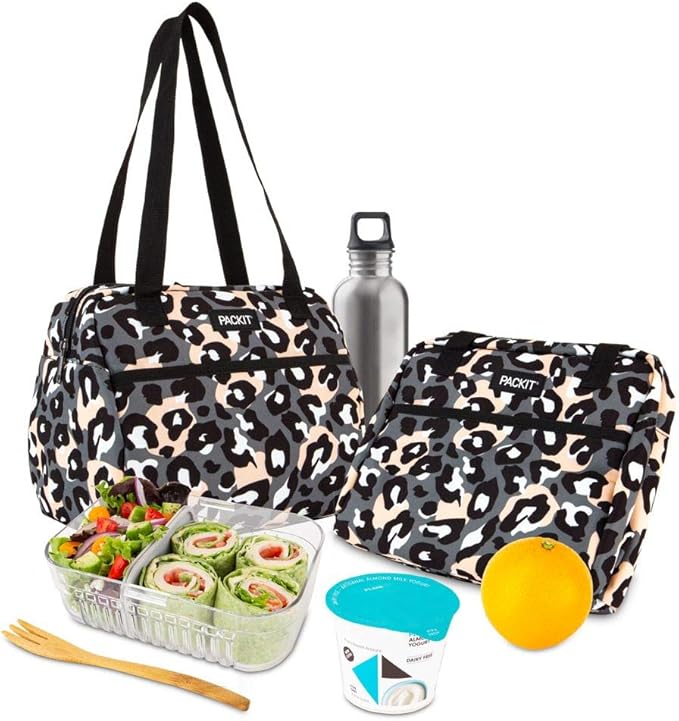 PackIt Freezable Hampton Lunch Bag, Wild Leopard Gray, Built with EcoFreeze Technology, Collapsible, Reusable, Zip Closure with Front Pocket and Shoulder Straps, Perfect for Tweens and Adults