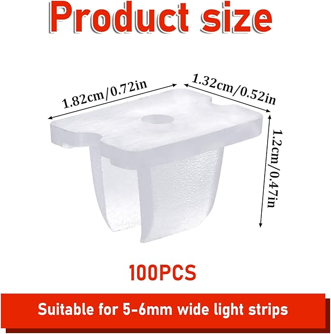 Waterproof LED Strip Mounting Clips Holder Mounting Bracket Neon Mounting Clips Fixing Clamps Holder with 100 Screws for 5mm to 6mm LED Strip Lighting, Translucent, Pack of 100