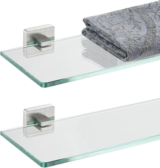 JQK Bathroom Glass Shelf, Floating Tempered Glass Shower Storage 16 by 5 inches, 304 Stainless Steel Brushed Finish Wall Mount 2 Pack, TGS201L16-BN-P2