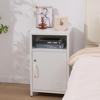 ALBAD Compact Metal Nightstand with Lockable Cabinet and Open Shelf, Modern Bedside Table, Versatile Side Table for Bedroom, Living Room, or Office (White, 26" H-Lockable Door)