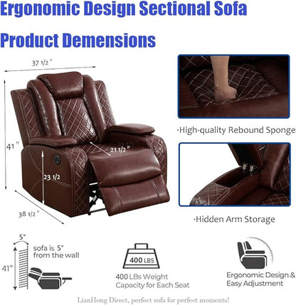 Leather Power Reclining Sectional Sofa Sets, Brown Recliner Sectional Sofa and 2 Chairs, Power Recliner Couch Living Room Furniture Set, L-Shaped Breathing Leather Couch with LED for Office