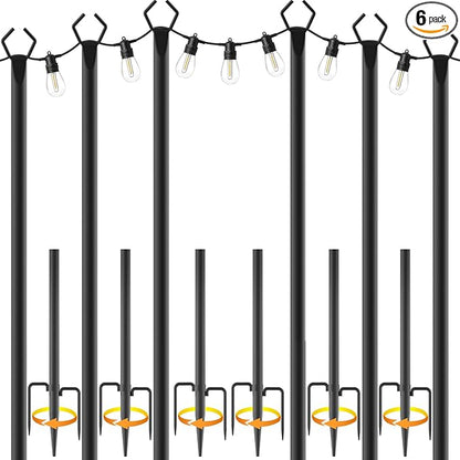10Ft String Light Poles 6 Pack,Light Poles for Outside Lights,Outdoor with Fence Brackets Hanging Lights,Metal Stand Deck Patio Backyard