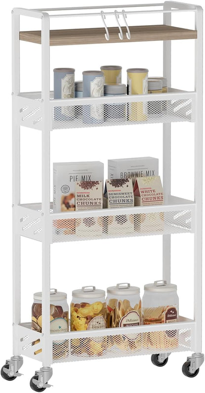 DGSNADGO Slim Rolling Storage Cart, 4-Tier Kitchen Cart on Wheels, Narrow Utility Cart with Handle and Wooden Tabletop for Small Space in Kitchen, Living Room, Bathroom, Laundry Room, Beige and White