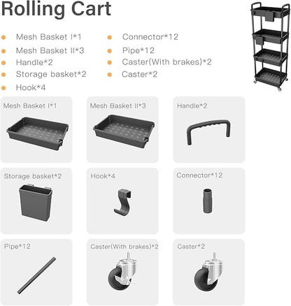 4 Tier Rolling Utility Cart with Handle,REBECAT Utility Cart Made of Multifunctional Storage Organizer Tool for Kitchen,Bathroom,Living Room,Office(Black)