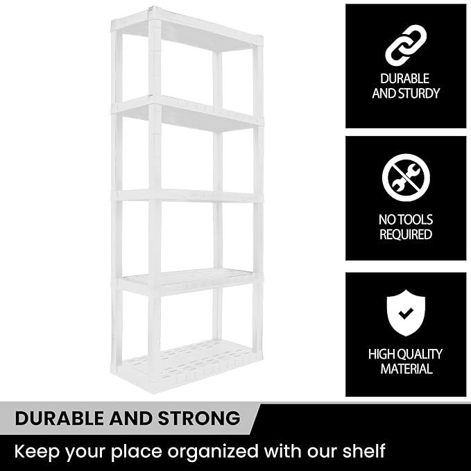 Oskar Heavy Duty Plastic Storage Shelves- for Garage, Kitchen, Bathroom Basement, Kids Room, Stackable 5-Tier White Organizer Rack for Books Shoes, Toys, Pantry, Cleaning and Closet Organization