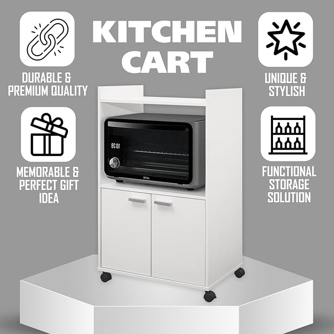 Kings Brand Furniture Ayla Microwave Cabinet with Storage and Upper Shelf for Kitchen Appliances - 2 Door Cabinet Kitchen Storage Cart - Wood Kitchen Cart with Lockable Castors Wheels - White