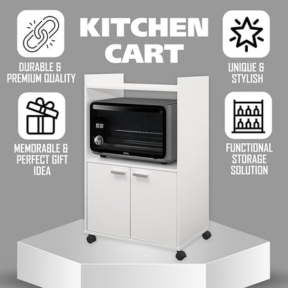 Kings Brand Furniture Ayla Microwave Cabinet with Storage and Upper Shelf for Kitchen Appliances - 2 Door Cabinet Kitchen Storage Cart - Wood Kitchen Cart with Lockable Castors Wheels - White