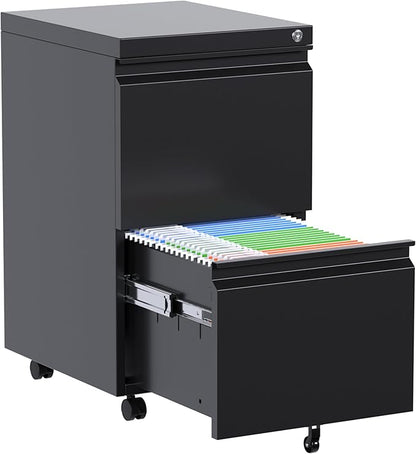 Aobabo 2 Drawer File Cabinet with Lock, Pre-Assembled Mobile Filing Cabinet Under Desk, Anti-Tilt Rolling Metal Office Storage for Letter and Legal Size, Black