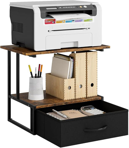 Masupu Printer Stand for Desk, Printer Table with Fabric Storage Drawer, 2 Tier Desktop Shelf, Multi-Purpose Desk Organizer for Home Office, 3D Printer, Fax Machine, Scanner, Rustic Brown