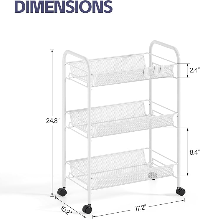 Metal Rolling Utility Cart, 3-Tier Mesh Wire Storage Trolley with Easy Assembly, Organizer Craft Cart 3 Hooks, Mobile Shelving Unit for Kitchen, Bathroom, Laundry Room, and Home