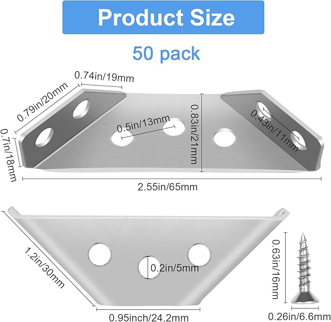50Pcs Universal Stainless Steel Furniture Corner Connector, Angle Corner Bracket with Screws, Corner Braces, Corner Connectors for Shelves Wood Furniture Cabinets (50 Pcs)
