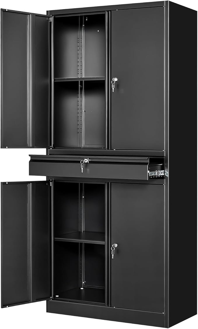 Black Metal Storage Cabinet with Lock, 71" Tall Garage Storage Cabinets with Doors and Shelves, Lockable Tool Caninet Steel Locking Cabnets File Cabinet for Home Office, Garage, Pantry