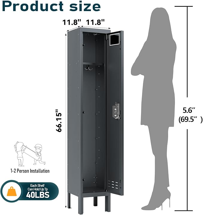 Metal Storage Locker with Lock & Card Slot Locker - Secure Lockable Door - Steel Locker for School, Office, Gym, Home - 66.15" H x 11.8" W x 11.8" D（1 Door, Grey）