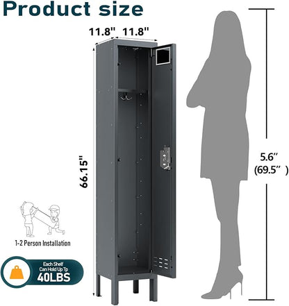 Metal Storage Locker with Lock & Card Slot Locker - Secure Lockable Door - Steel Locker for School, Office, Gym, Home - 66.15" H x 11.8" W x 11.8" D（1 Door, Grey）