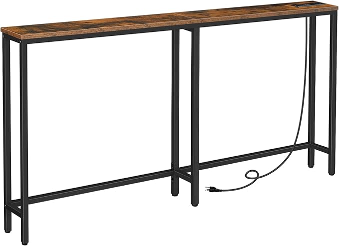 HOOBRO 63" Narrow Console Table with Charging Station, 5.9" Sofa Table with 2 Power Outlets and USB Ports, Long Entryway Tables Behind Couch Table, for Hallway, Livingroom, Rustic Brown BF165UXG01G1