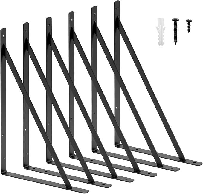 HOME MASTER HARDWARE 20inch x 13 inch Black Heavy Duty Shelf Brackets 6 Pack, Metal L Brackets with Screws - 90 Degree Angle Brackets for Shelves, Floating Shelf & Wall Mounted Shelf Support