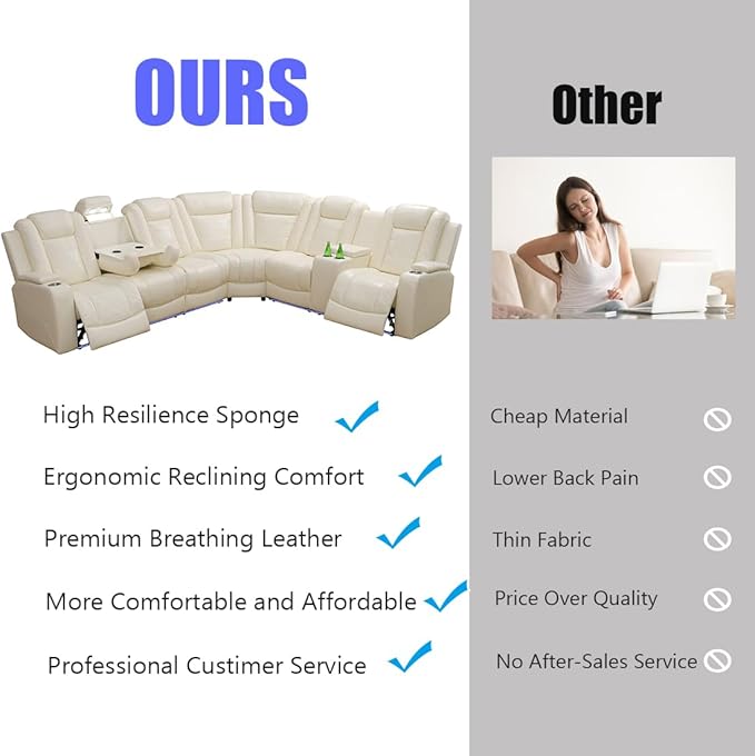 Leather Power Recliner Sectional Sofa, Creamy White Power Recliner Sofa for Living Room, Leather Reclining Sectional Sets, Recliner Loveseat Sets, Cup Holders, Hidden Storage for Home/Office