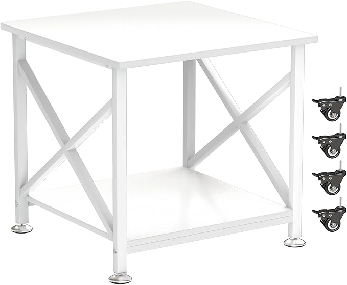 Printer Stand, 23.6 x 23.6 Inches Large Printer Stand with Storage Shelf, 2 Tier Printer Table for Home Office, Rolling Printer Cart with Industrial Wheels, Mini Fridge Stand Table, White