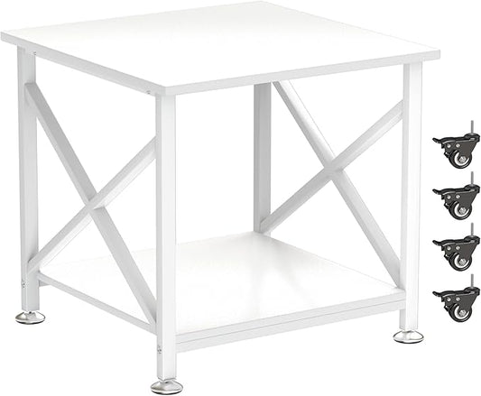 Printer Stand, 23.6 x 23.6 Inches Large Printer Stand with Storage Shelf, 2 Tier Printer Table for Home Office, Rolling Printer Cart with Industrial Wheels, Mini Fridge Stand Table, White