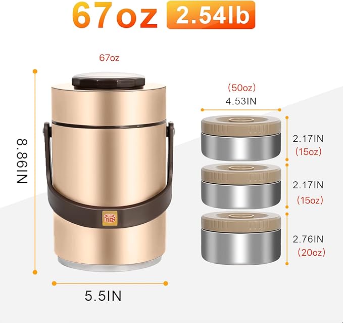 67 oz Adults Stainless Steel Vacuum Insulated Wide Mouth Soup Food Thermo Hot Food Jar with Keep Thermal Portable 3 Tier Stackable Bento Hot Food Containers Lunch Boxes (67 oz Gold)