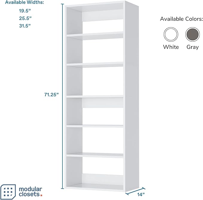 Modular Closets Vista Collection Shelf Tower Built in Wood Closet Organizer Unit (White, 19.5" Wide)