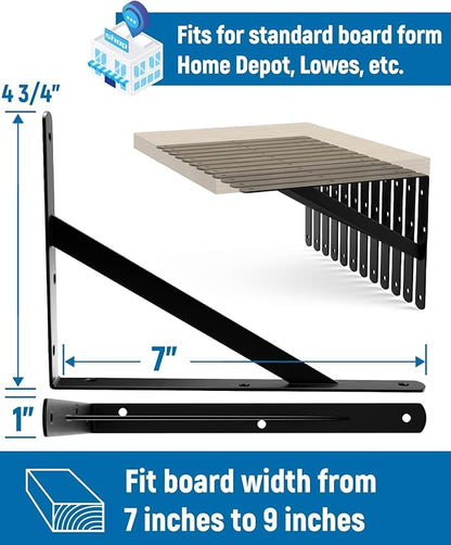 4-Pack 7 Inch Heavy Duty Shelf Brackets, Large Floating Wall Bracket for Garage Storage Shelves, Black Powder-Coated Finish, Load Capacity 800lbs