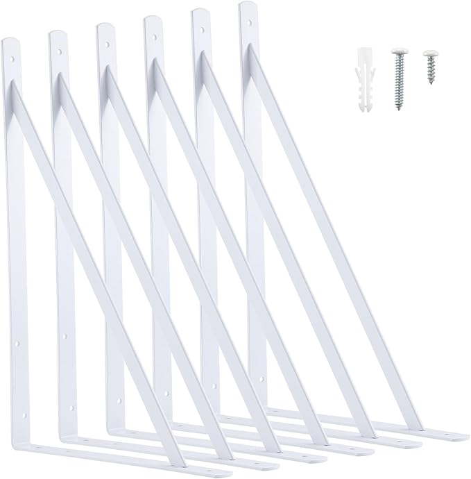 HOME MASTER HARDWARE 20 x 13 inch Heavy Duty Shelf Brackets, 6-Pack White Metal L Brackets - 90 Degree Angle Supports for Wall Mounted Wood Shelving, Floating Shelves with Screws