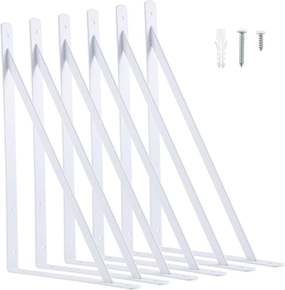 HOME MASTER HARDWARE 20 x 13 inch Heavy Duty Shelf Brackets, 6-Pack White Metal L Brackets - 90 Degree Angle Supports for Wall Mounted Wood Shelving, Floating Shelves with Screws