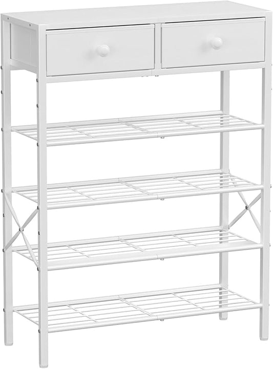 Shoe Rack for Entryway, 5 Tier Shoe Organizer with 2 Non-Woven Drawers, Metal Storage Shoe Shelf for 16-20 Pairs of Shoes, with Wooden Top and Steel Frame, Shoe Stand for Closet Greige