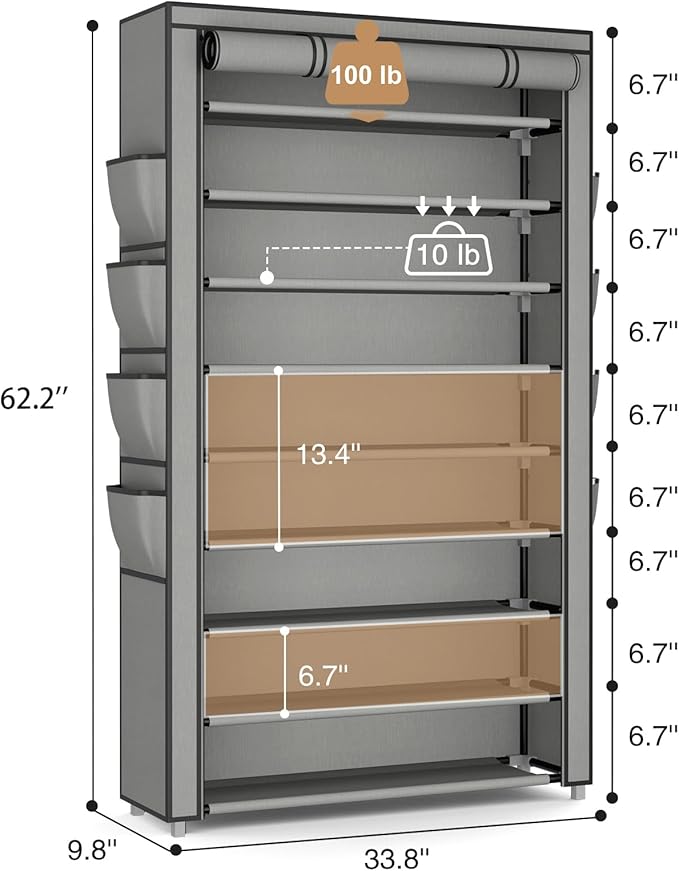 Shoe Rack with Cover, 10 Tier Shoe Organizer Storage for 40-50 Pairs Sneaker and Boots, Large Capacity, with 8 Pockets, Free Standing Tall Shoe Rack for Front Door Entrance, Closet, Grey