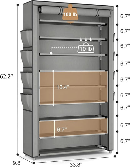 Shoe Rack with Cover, 10 Tier Shoe Organizer Storage for 40-50 Pairs Sneaker and Boots, Large Capacity, with 8 Pockets, Free Standing Tall Shoe Rack for Front Door Entrance, Closet, Grey