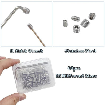 60pcs Set Screws, Allen Head Screws, Grub Screws M3 M4 M5 M6 M8 for Home Repair, Install Door Lock, Repair Furniture, Electronic Product, DIY, Fixtures (Stainless Steel 12 Sizes)