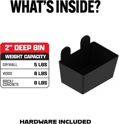 Smart T Pegboard Bin Attachment | 2" Deep Bin for Tool Organization | Add to Your Garage Pegboard, Space Saving Tool Holder - Wall Mount or Shelving Hooks