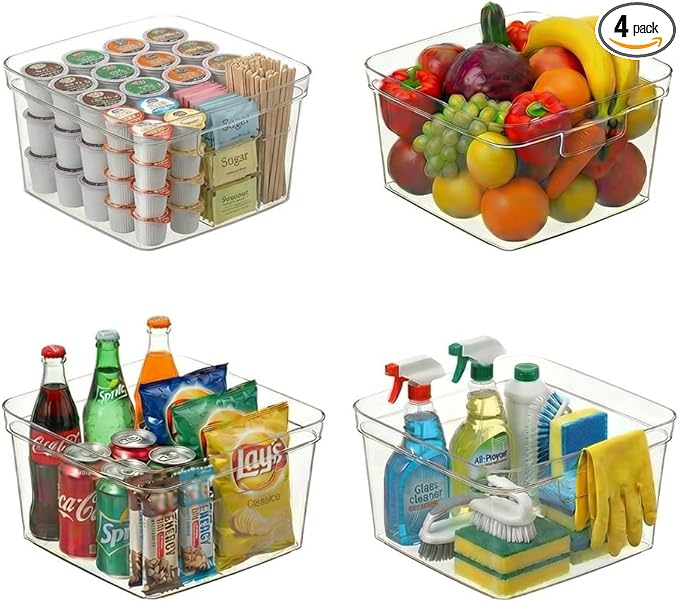 MOONEDGE 4-Pack Clear Plastic Storage Bins — Open-Top PET Organizers, 10" x 10" x 6" Storage Containers Ideal for Pantry, Fridge, Shelf and Counter Organization, Small Storage Bins for Home