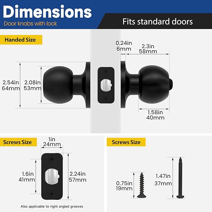 6 Pack Keyed Entry Door Knob with Lock and Key, Exterior and Interior Door Knob for Bedroom or Bathroom, Matte Black, Not Keyed Alike