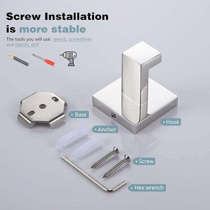 KOKOSIRI Bathoom Towel Hook Wall Mount Square Bath Robe Hook Coat Hook Kitchen Garage Heavy Duty SUS 304 Stainless Steel 3 Pack Polished Chrome B1010CH-P3