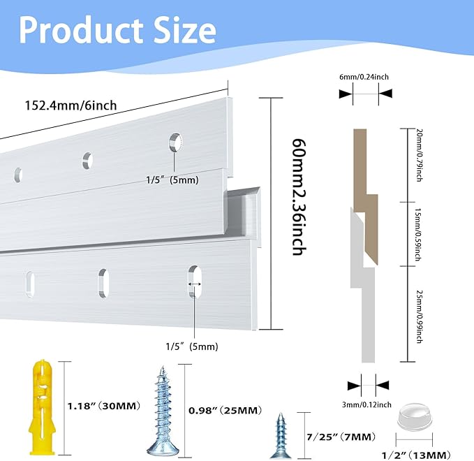 6 Inch French Cleat Hanger, Aluminum French Cleat, Mirror Hanging Hardware, French Cleat Heavy Duty for Panel, Whiteboard, Cabinet, Shelf, Headboard, Art (2 Pairs, Support 60lbs)