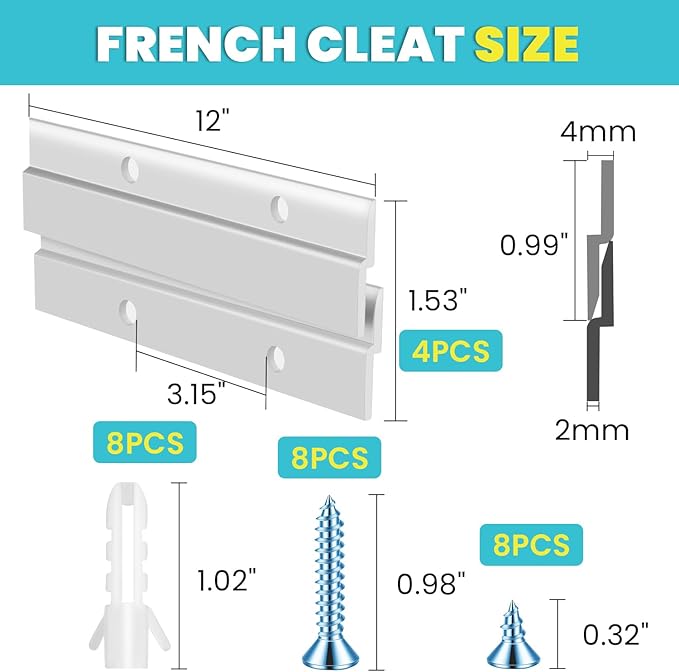 French Cleat, Picture and Mirror Hanger, Aluminum French Cleat, Headboard Wall Mounting Brackets with Screws(12 Inch-2 Pairs, Support 80 lbs)