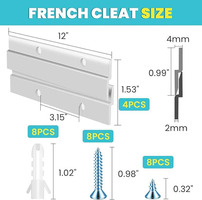 French Cleat, Picture and Mirror Hanger, Aluminum French Cleat, Headboard Wall Mounting Brackets with Screws(12 Inch-2 Pairs, Support 80 lbs)